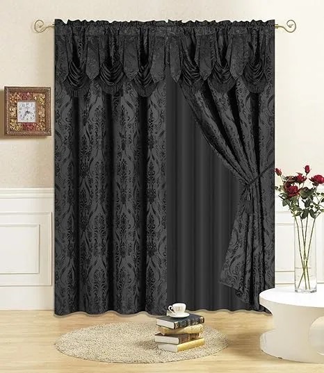 All American Collection New 4 Piece Drape Set with Attached Valance and Sheer with 2 Tie Backs Included