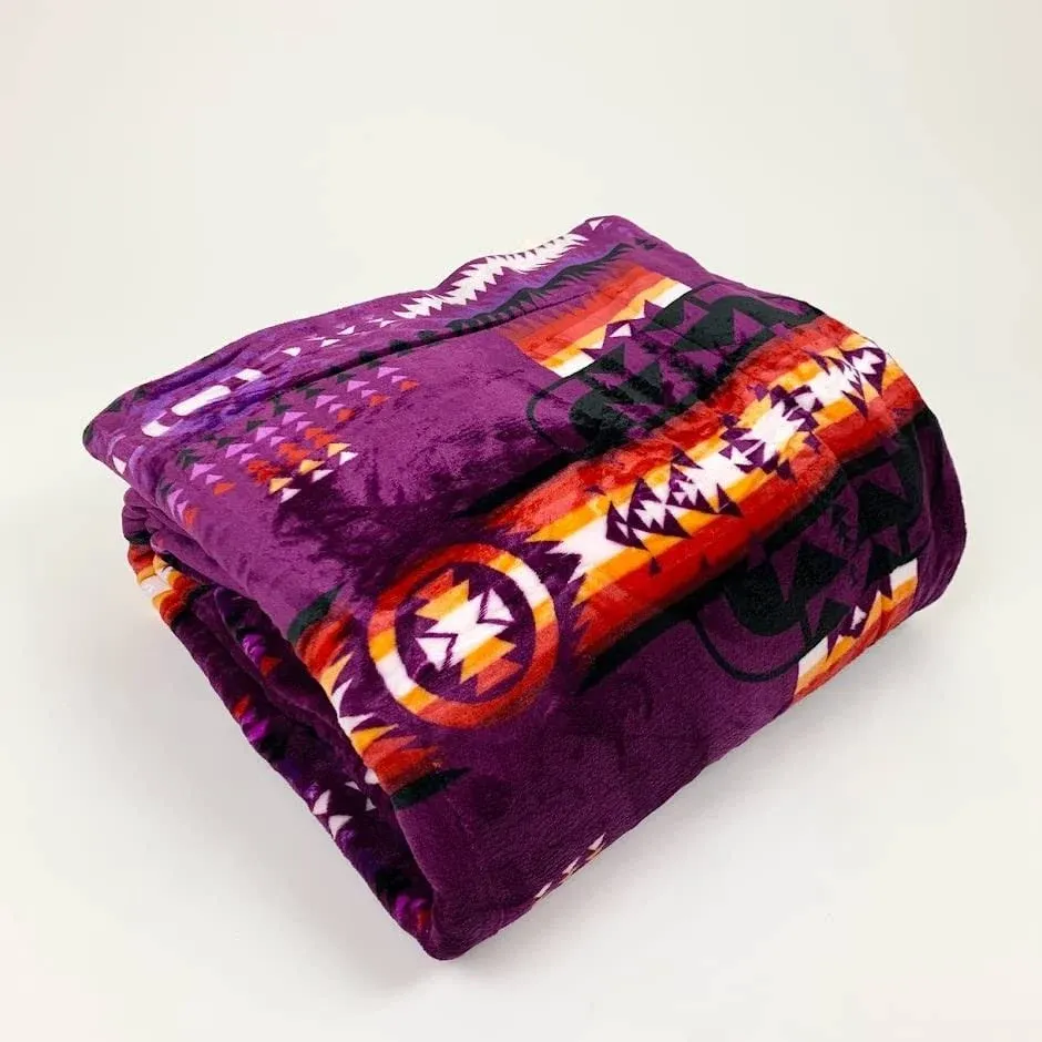 Fleece Blanket 79x95 South Western Blankets Reversible Mexican Blankets Vibrant Aztec Blankets and Throws for Aztec Decor for Home, Native American Throw Blanket in Sherpa Purple Full