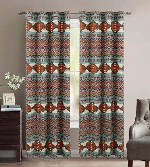 Utah Rustic Western Southwestern Native American Thermal Insulation Grommet Window Curtains Set in Turquoise Blue and Brown and Native American Tribal Patterns - Utah Thermal Curtain Set Turquoise