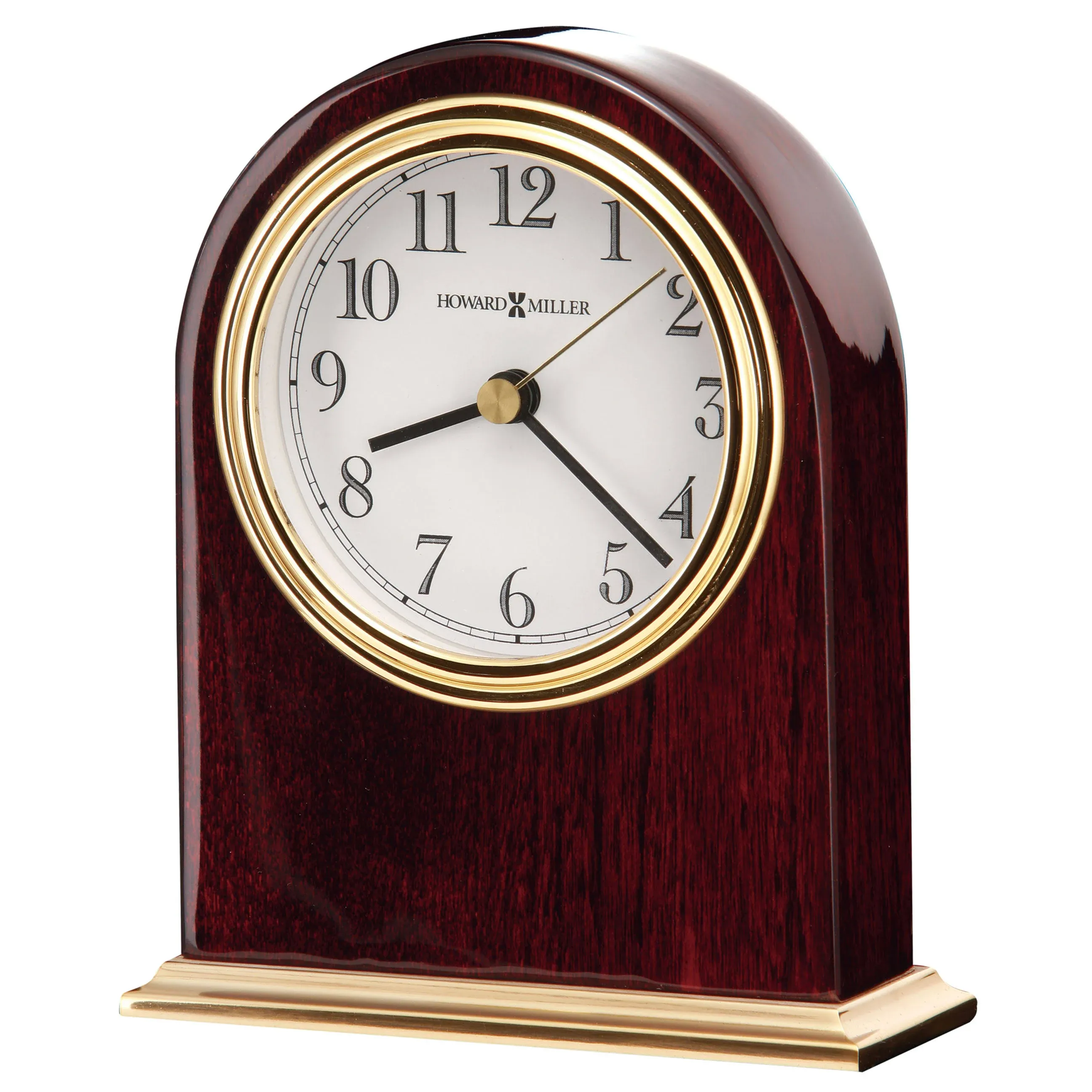 Howard Miller Monroe Table Clock 645-446 – Modern Home Decor, Arch Shaped Clock, High-Gloss Rosewood Hall Finish with Brass Finished Metal Base, Quartz Movement