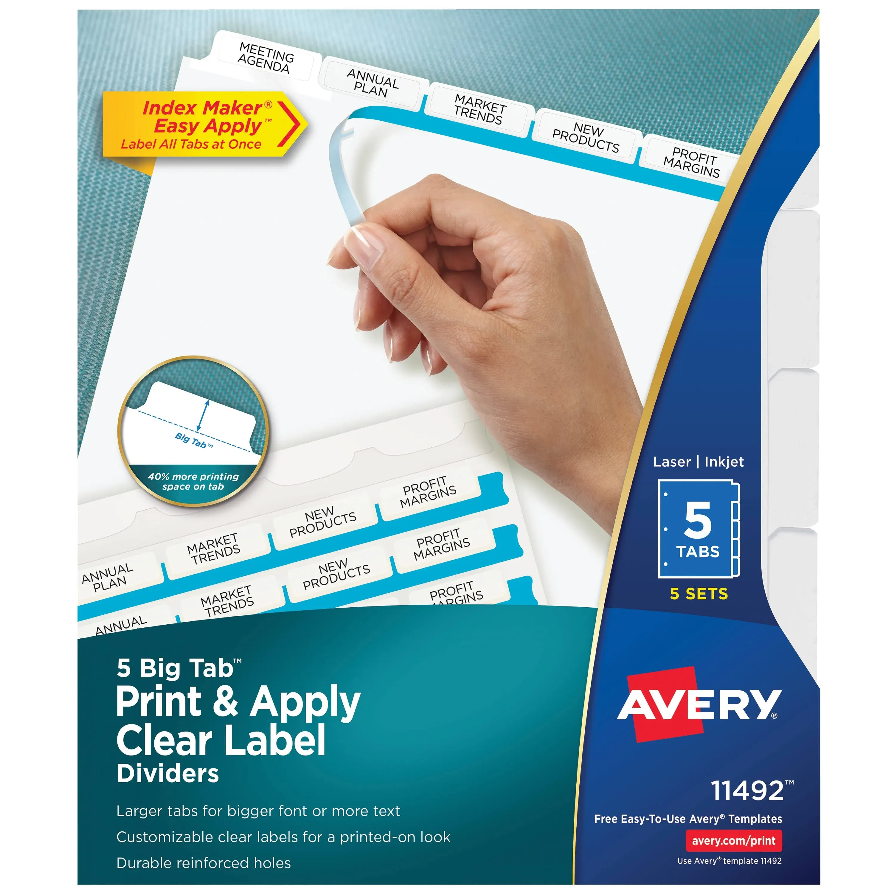 Avery&reg; Big Tab Index Maker Index Divider - 25 x Divider(s) - Print-on Tab(s) - 5 - 5 Tab(s)/Set - 8.5" Divider Width x 11" Divider Length - 3 Hole Punched - White Paper Divider - White Paper Tab(s) - 25 / Pack