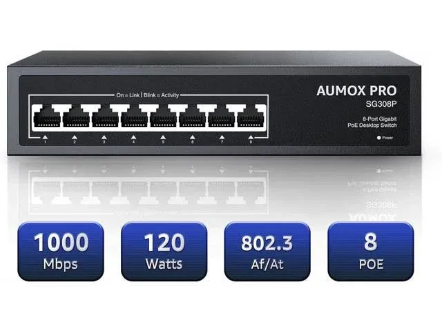 Aumox 8 Port Gigabit PoE Switch, 8 Port PoE 120W, Gigabit Ethernet Unmanaged Network Switch, Plug and Play, Sturdy Metal Housing, Traffic Optimization 20307397