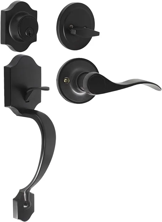 Single Cylinder HandleSet with Lever Door Handle (for Entrance and Front Door) Reversible for Right and Left Handed and a Single Cylinder Deadbolt Handle Set Matte Black Finish