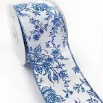 Designer’s Shop WR 63-5156 Blue Rose Floral on Cream Wired Edge Ribbon 2.5” x 10 ...