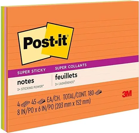 Post-it Super Sticky Lined Notes, 4 Sticky Note Pads, 8 x 6 in., School Supplies, Office Products, Sticky Notes for Vertical Surfaces, Monitors, Walls and Windows, Energy Boost Collection