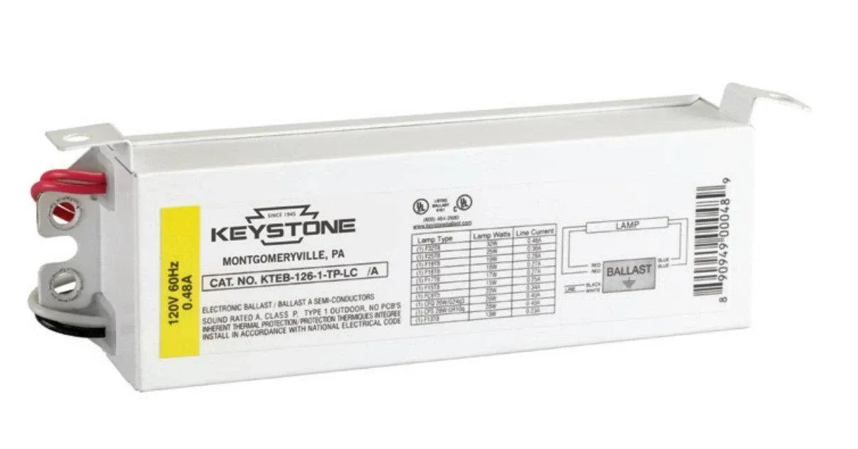 Keystone KTEB-126-1-TP-LC Fluorescent Ballast, 1-Lamp, F32T8, 32W T8, 120V