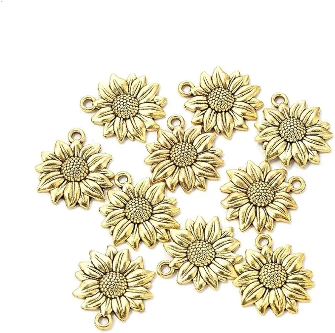 FHTDW 120 Pcs Sunflower Charms Pendant Vintage Antique Gold Alloy Pendant Bead ...