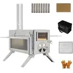 Portable Camping Wood Stove with View Glass and Cooking Function, 8 Stainless Steel Chimneys for Shelter, Hunting, Outdoor Cooking, and Heating (304 Stainless Steel)