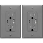 TOPGREENER 2-Port USB Outlet, Type C USB Wall Charger Outlet, 3.6A USB Electrical Outlet, 15 Amp TR Receptacle Plug, Charging Power Outlet with USB Ports, UL Listed, TU21536AC-GY-2PCS, Gray, 2 Pack