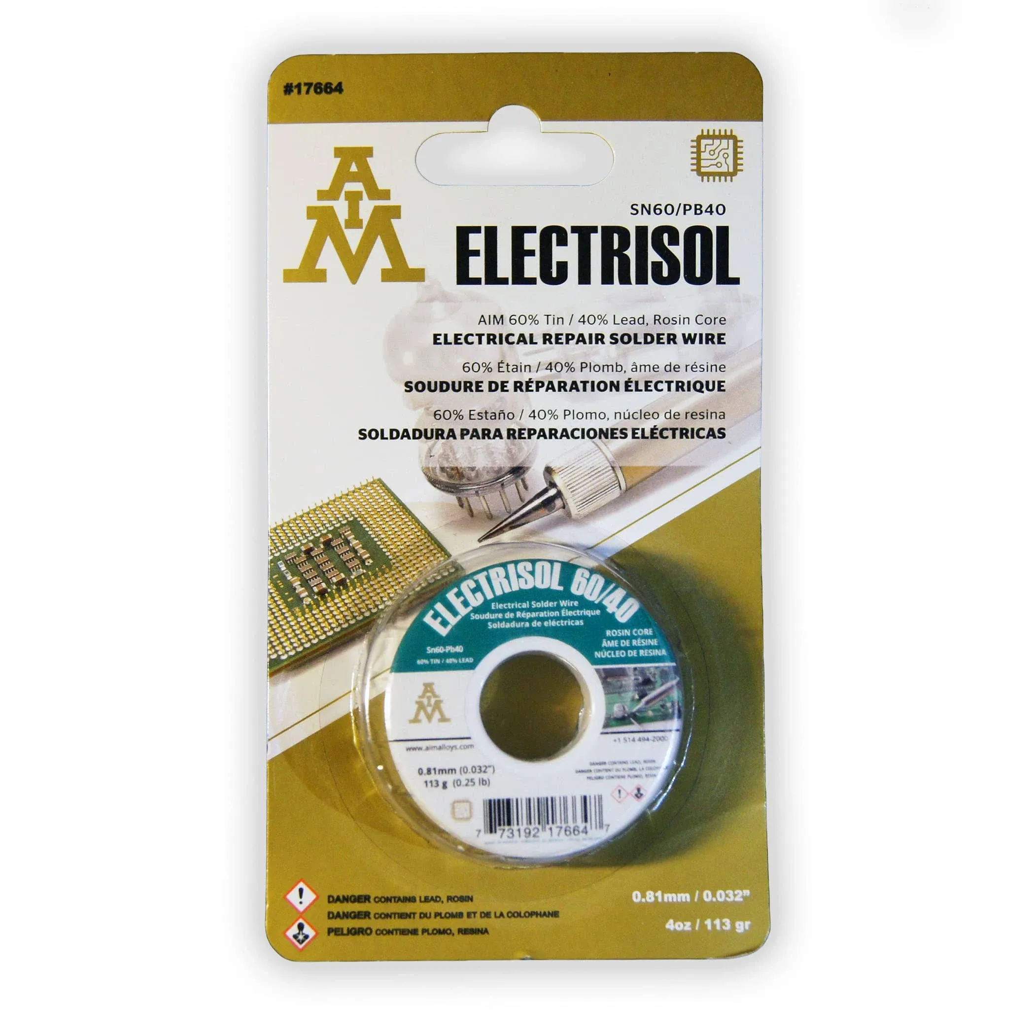 AIM Electrisol 60-40 Tin Lead Rosin Core Solder Wire for Electrical Soldering 0.032inch, 0.25lb (0.8mm, 113g)