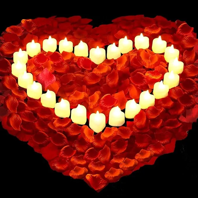 AUSAYE Valentines Decor 1000 Pieces Artificial Rose Petals with 24pcs Heart ...