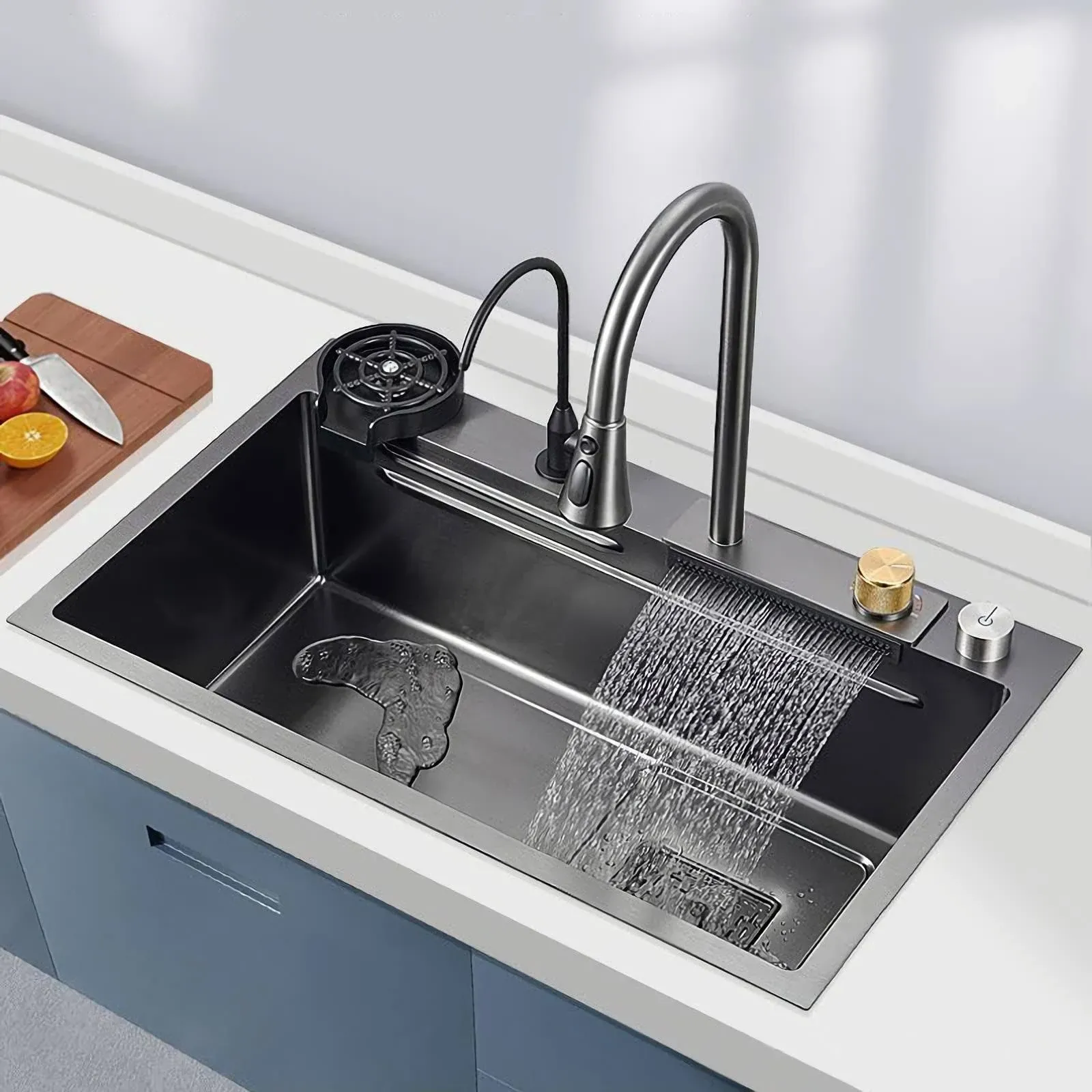 Kitchen Sink Black Stainless Steel Sink Washing, Draining and Cutting 3-in-1 Utility Sink Multi-functional Farmhouse sink with Kitchen Sink Accessories （31.5 * 17.7in）