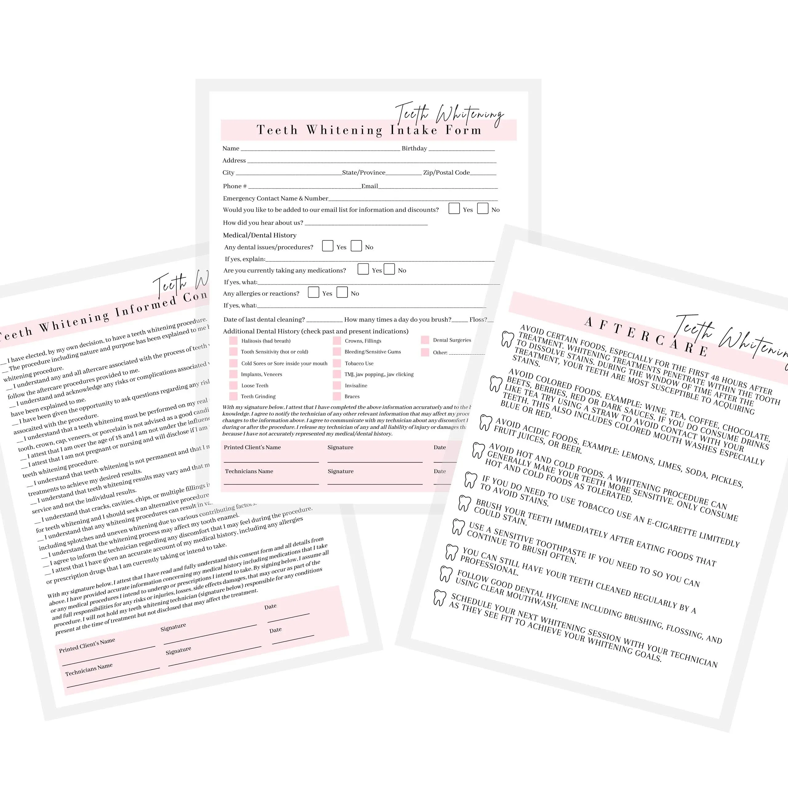 Teeth Whitening Consent Form, Intake Form, Aftercare Form | 75 Pack | 8.5x11" inch Paper Size Form | 25 Teeth Whitening Consent Forms, 25 Client Intake Forms, 25 Teeth Whitening Aftercare Forms