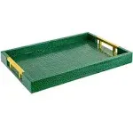 Luxury Modern Elegant 18"x12" Rectangle Crocodile Green Decorative Ottoman Coffee Table Living Room Decor Kitchen Serving Tray with Gold Polished Metal Handles by Home Redefined for All Occasion's