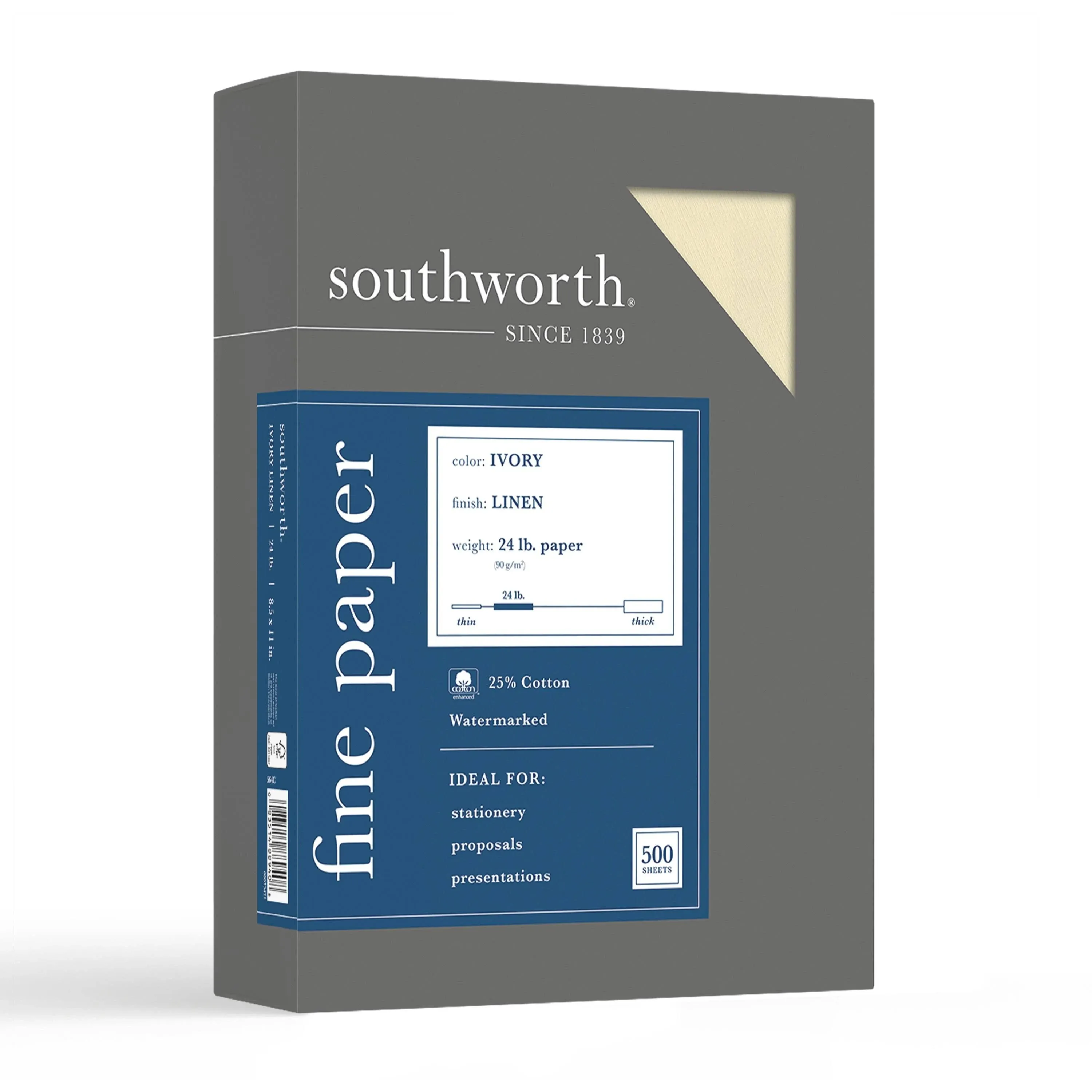 Southworth 25% Cotton Linen Business Paper, 24 lb, 8.5 x 11, Ivory, 500/Ream