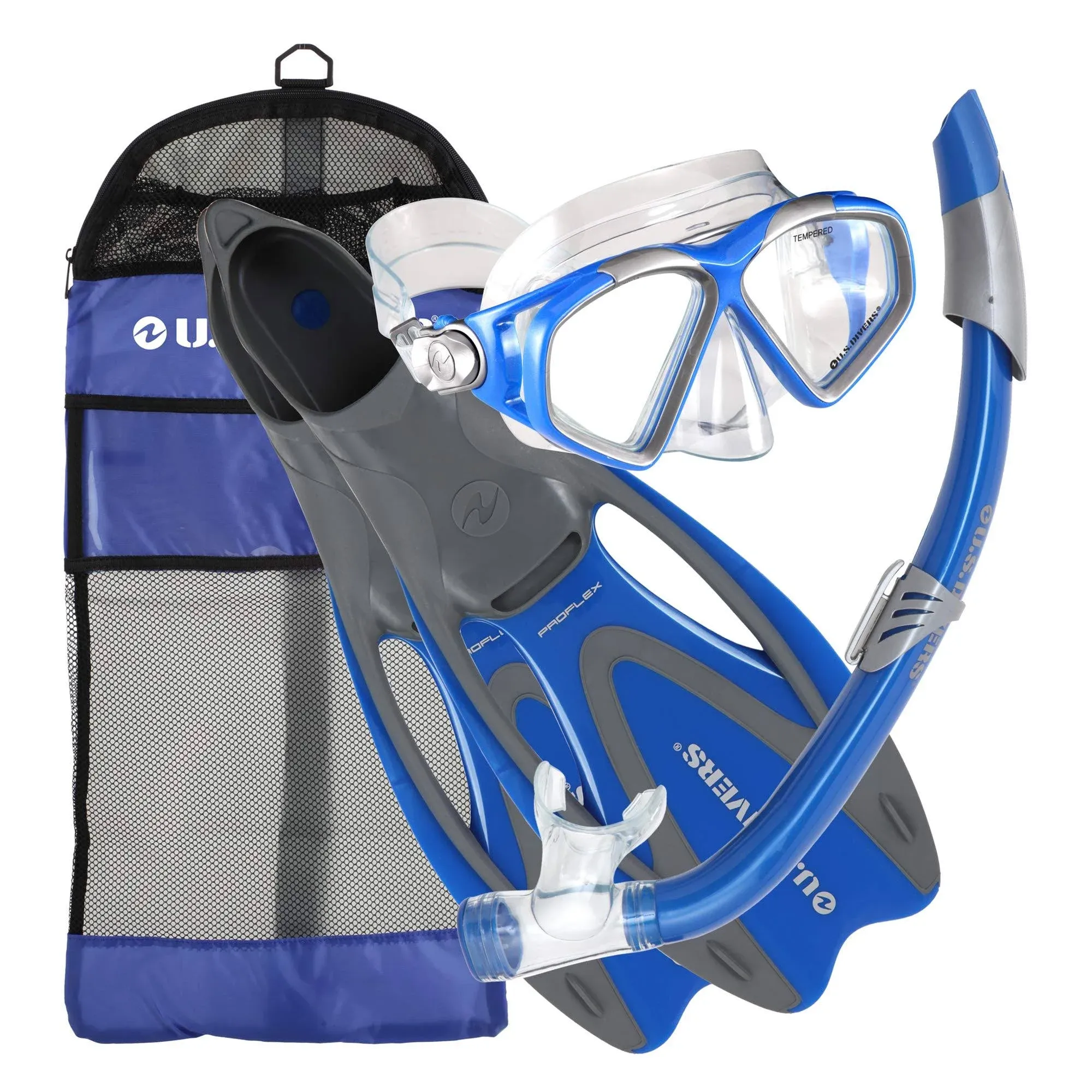 U.S. Divers Adult Cozumel Mask/Seabreeze II Snorkel/Proflex Fins/Gearbag