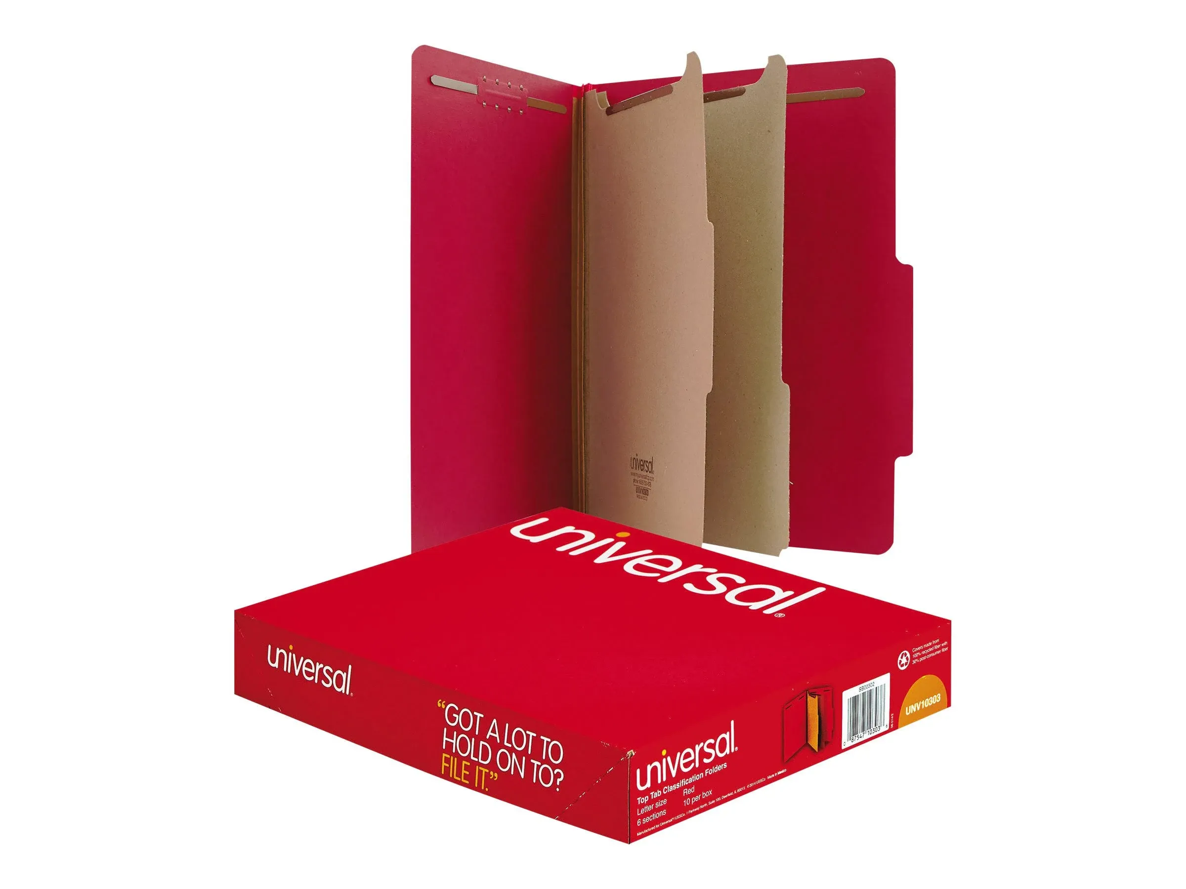 Universal® Bright Colored Pressboard Classification Folders, 2" Expansion, 2 Dividers, 6 Fasteners, Letter Size, Ruby Red, 10/Box