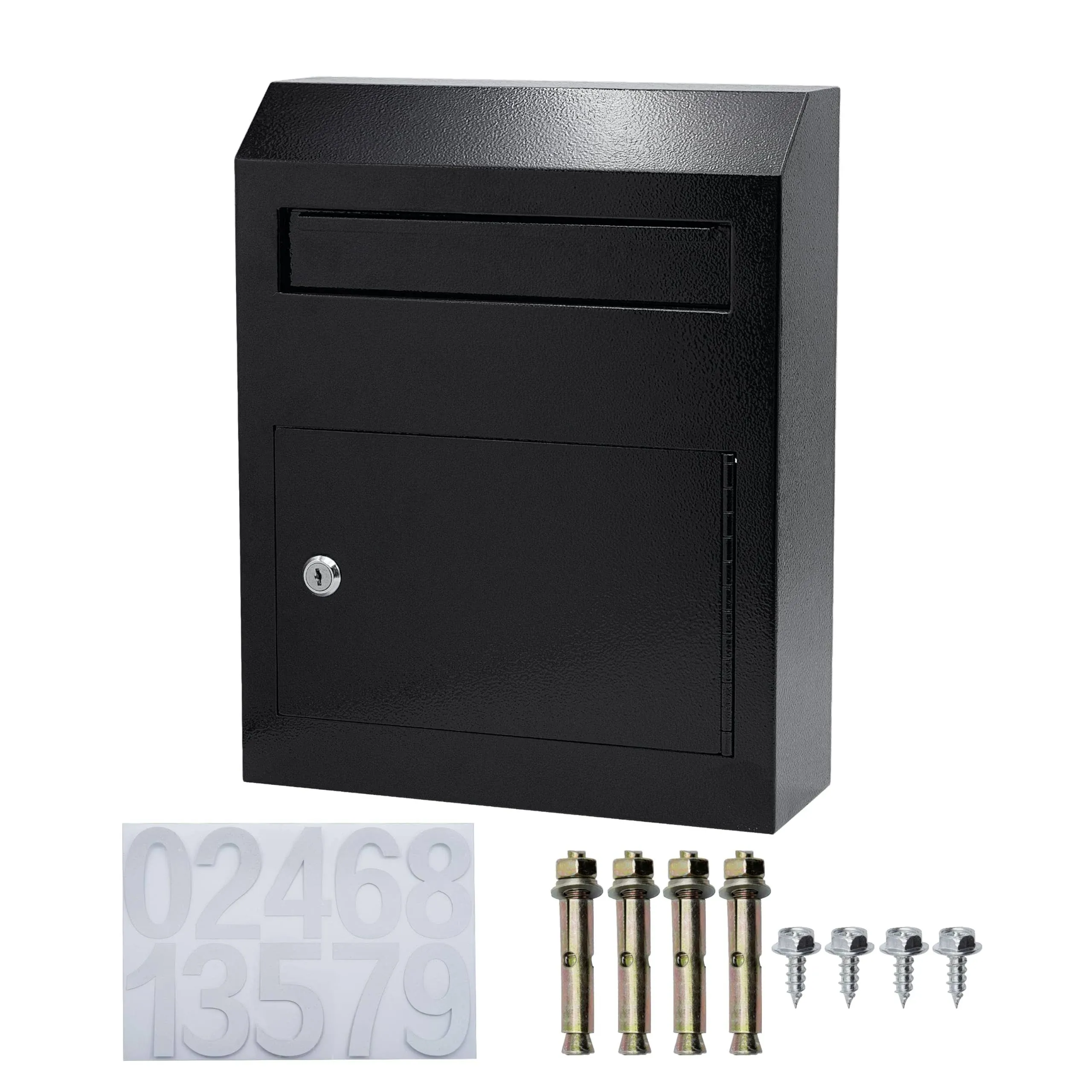 Mail Drop Box with Lock for Secure Outside Key, Letter, Parcel, Money, or Cash Storage, Heavy-Duty Steel with Slide Open, Lockable Front, Anti-Fishing Teeth, Wall Mounted (Black)